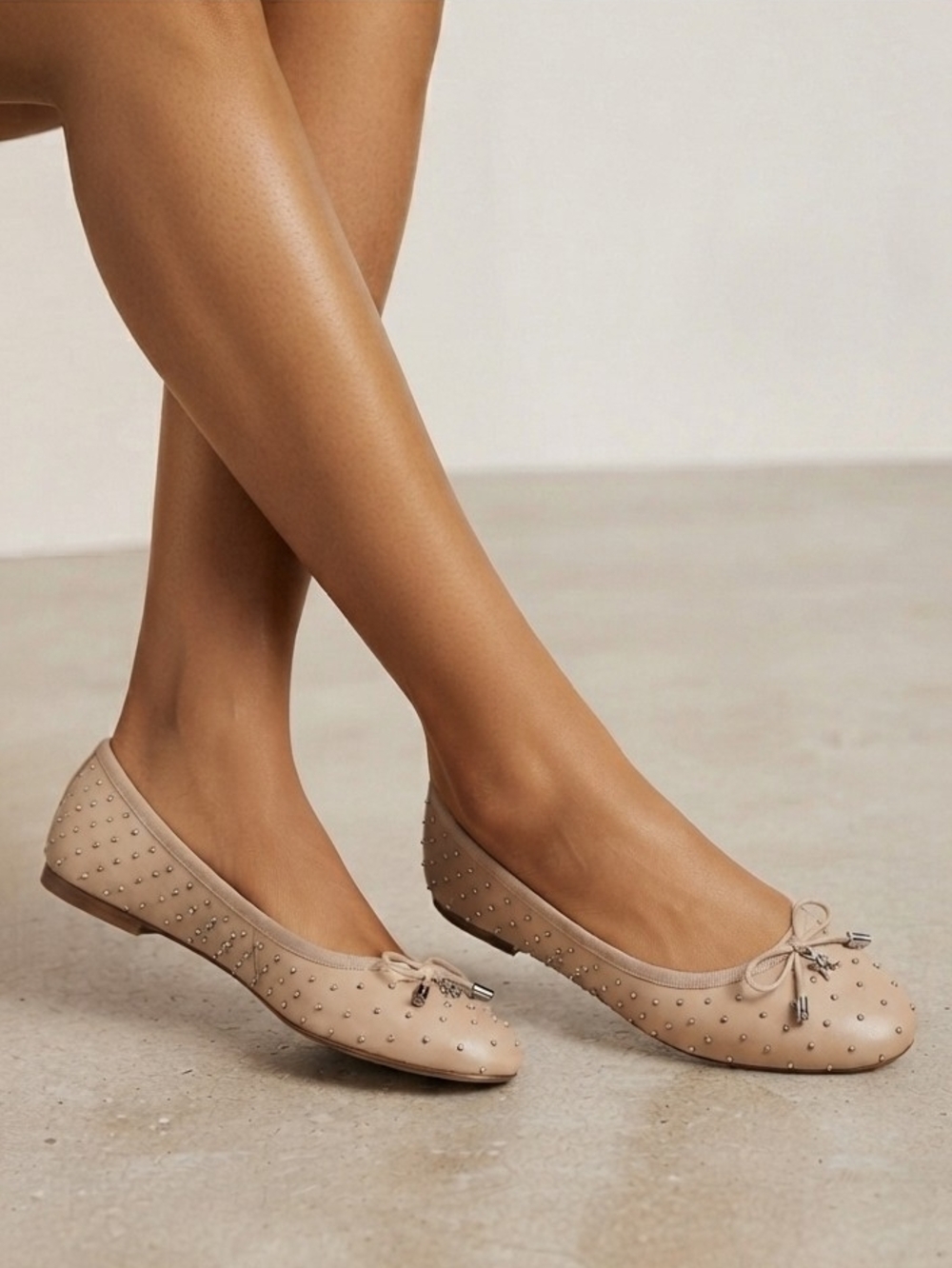 Sam Edelman Frankie Studded Leather Ballet Flats Nude Bow Size 8.5